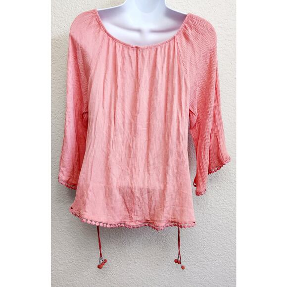 New Directions Orange Crinkle Material Crochet Trim Top Large Lightweight Flowy - Picture 4 of 6